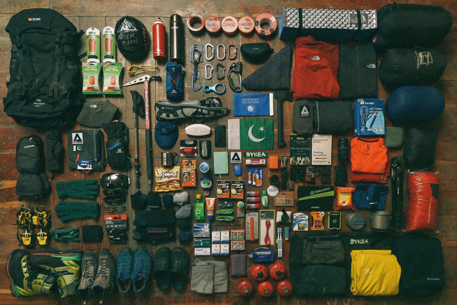 Trekking gear and pack laid out for Everest Base Camp packing list