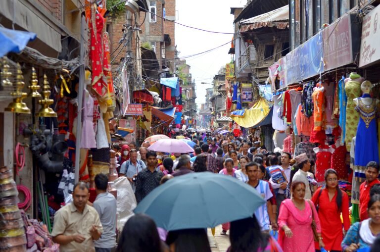 Busy street market in Kathmandu Nepal near Thamel district