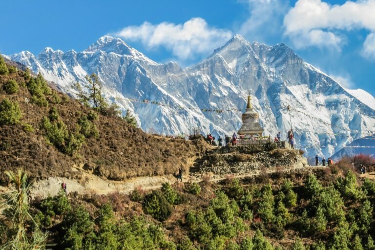 Trekkers on the Everest Base Camp trail with Himalayan peaks behind