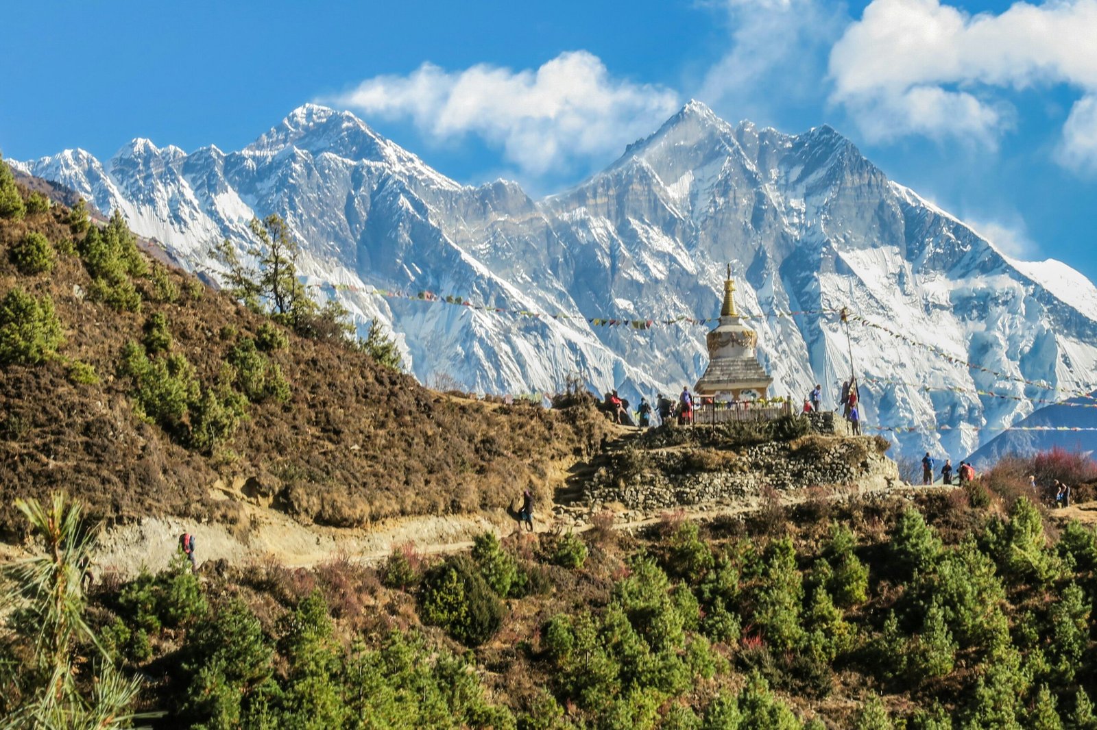 Trekkers on the Everest Base Camp trail with Himalayan peaks behind