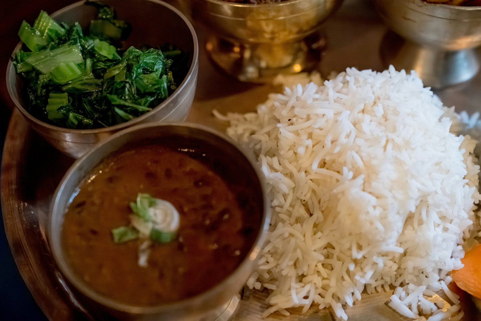 A plate of dal bhat — rice, lentil soup, and vegetable curry — the staple meal on the Everest Base Camp trek