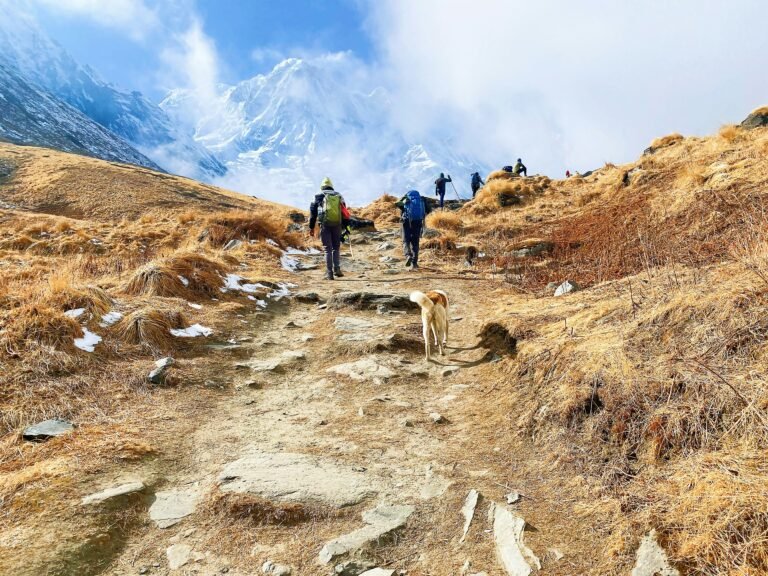 Trekker on a steep uphill trail with a daypack — the fitness demands of the Everest Base Camp trek
