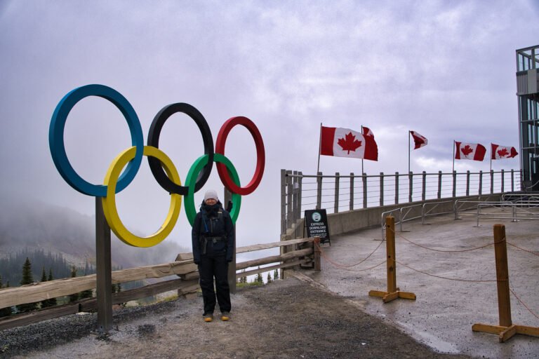 The Olympic rings at the top of the Whistler Village gondola