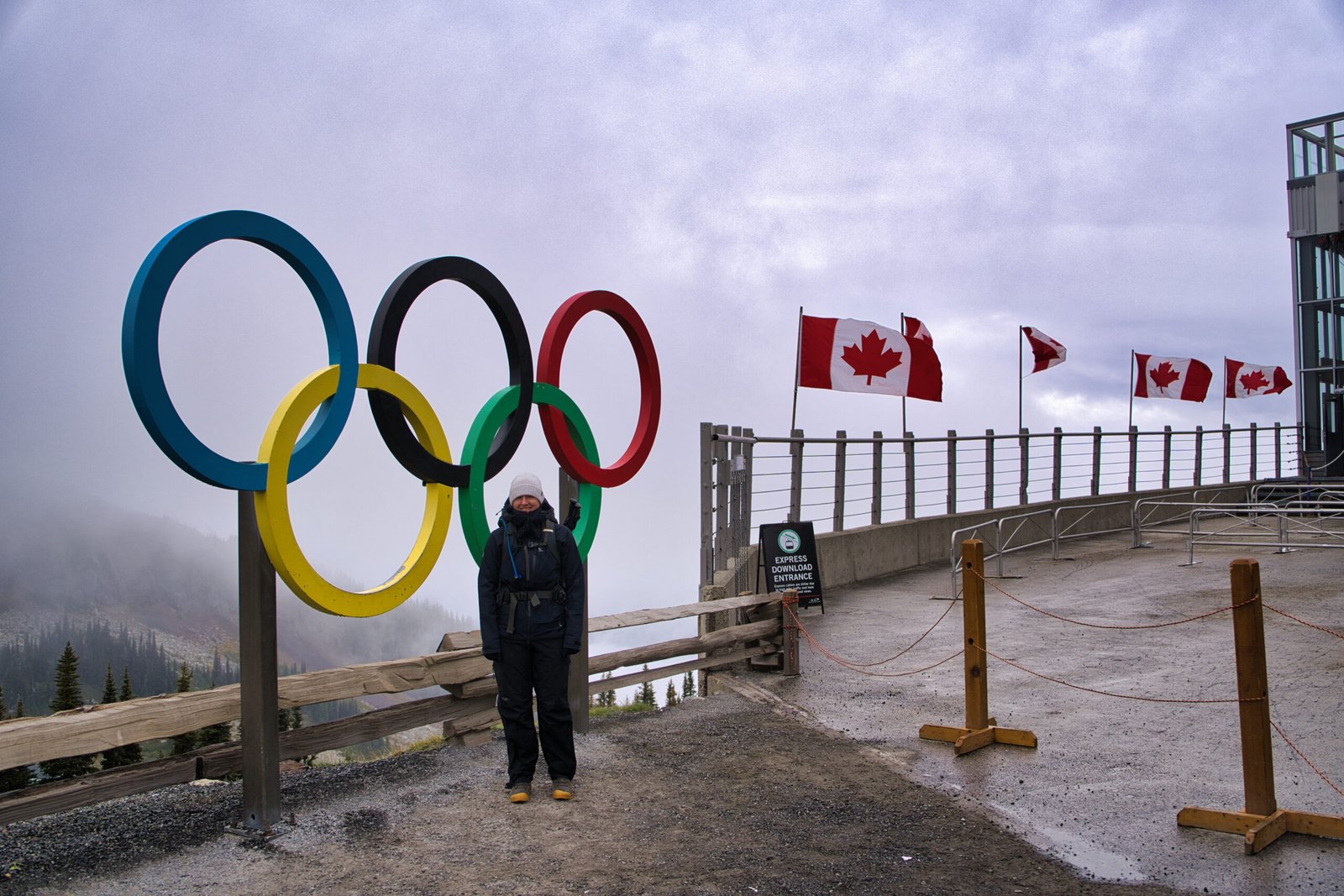 The Olympic rings at the top of the Whistler Village gondola